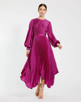 Purple Long Sleeve Pleated Charmeuse Handkerchief Dress
